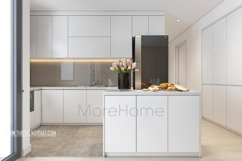 Thiết kế nội thất bếp chung cư, căn hộ hiện đại được quây gọn gàng thành một khu riêng biệt vẫn đảm bảo tính đồng nhất cho cả không gian Thiết kế nội thất phòng bếp