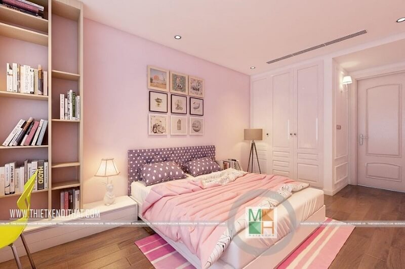 Thiết kế phòng ngủ chung cư nhỏ gọn với tông màu hồng nữ tính được các bé gái rất yêu thích. Thiết kế chung cư hiện đại
