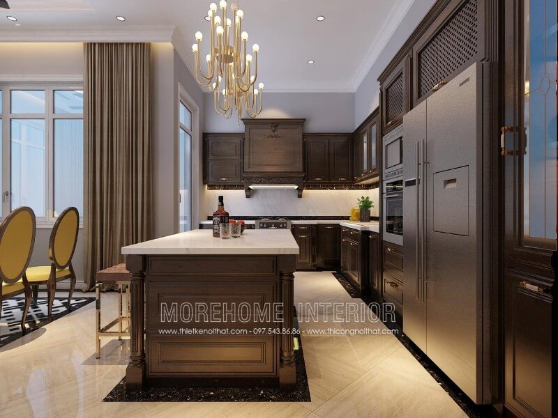 Thiết kế tủ bếp chữ L tận dụng được tối đa mọi góc khuất của căn phòng, chiếc bàn đảo được đặt ở chính giữa là tích hợp của nhiều chức năng như quầy bar, bàn ăn phụ...tạo sự tiện nghi Tủ bếp hiện đại, tủ bếp chữ u, tủ bếp chữ i, tủ bếp chữ l