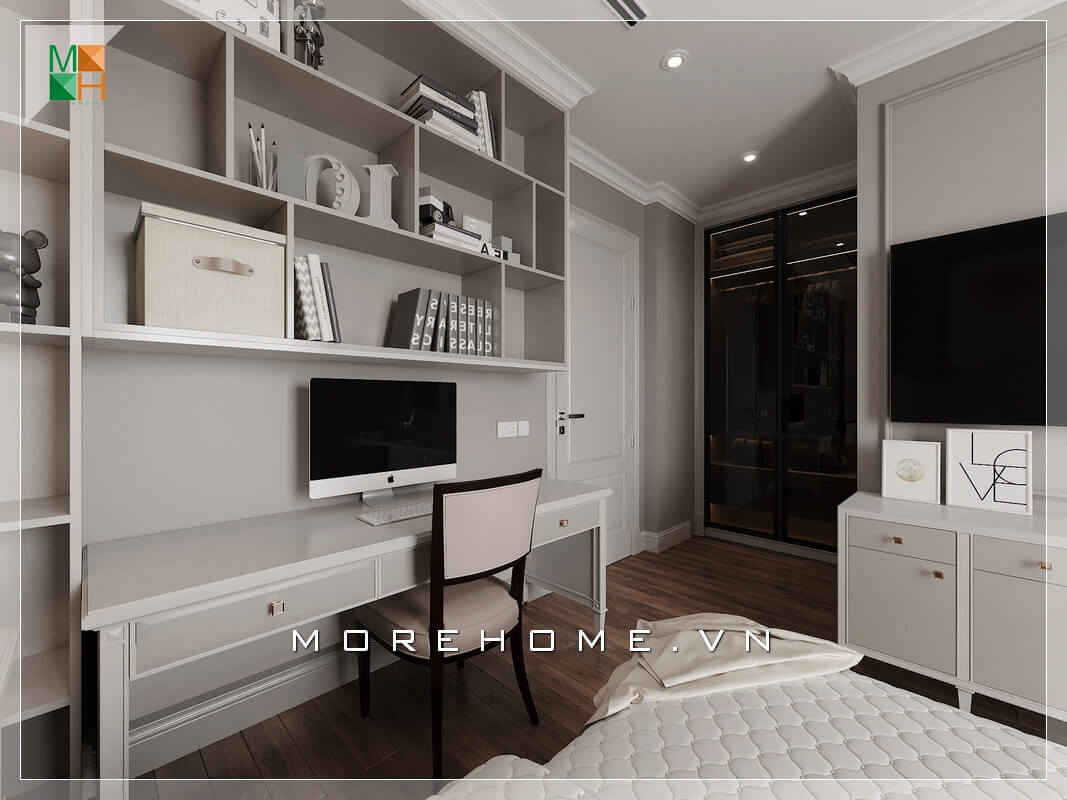 Giới thiệu mẫu thiết kế nội thất bàn làm việc và kệ sách treo tường phòng ngủ đẹp mang phong cách hiện đại. Chất liệu sản xuất chính là gỗ công nghiệp cao cấp An Cường rất đẹp mắt và màu sắc trang trí phù hợp với màu sắc căn phòng.