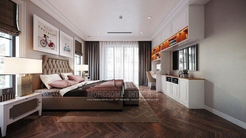 Giường ngủ bọc nệm phong cách đương đại đẹp, sang trọng cho phòng bé gái.