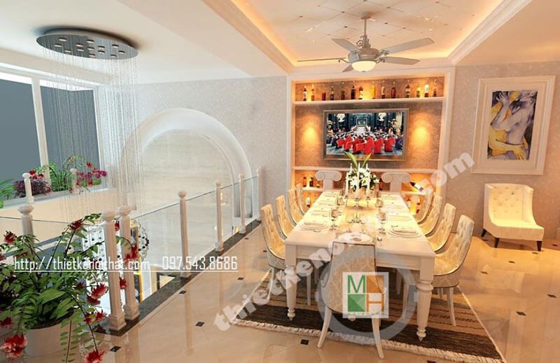 Mẫu bàn ăn 8 ghế với thiết kế tân cổ điển, ghế bọc đệm cao cấp mang đến cảm giác ấm cúng, sang trọng cho bữa cơm gia đình