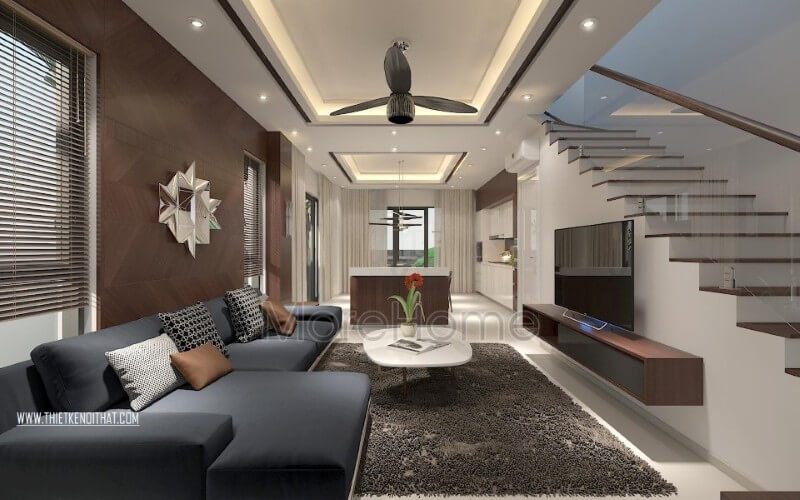 Nội thất biệt thự đẹp gỗ công nghiệp nhẹ nhàng cùng với các các tone màu nhẹ nhàng hay trung tính, gợi mở một không gian năng động, hiện đại