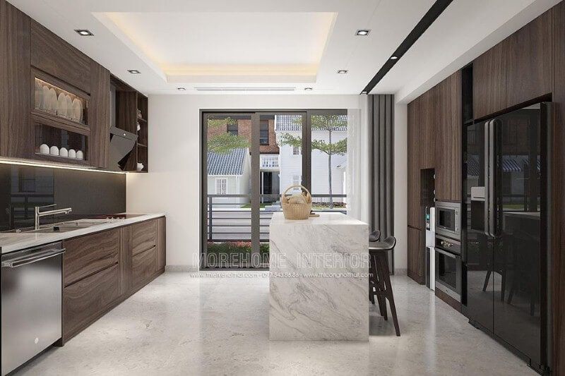 Trang trí phòng bếp bằng gỗ công nghiệp đậm màu đẹp.