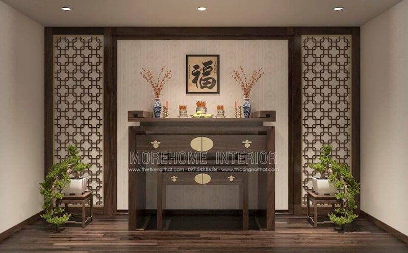 Tranh treo chữ Phúc đẹp trong bàn thờ gia tiên.