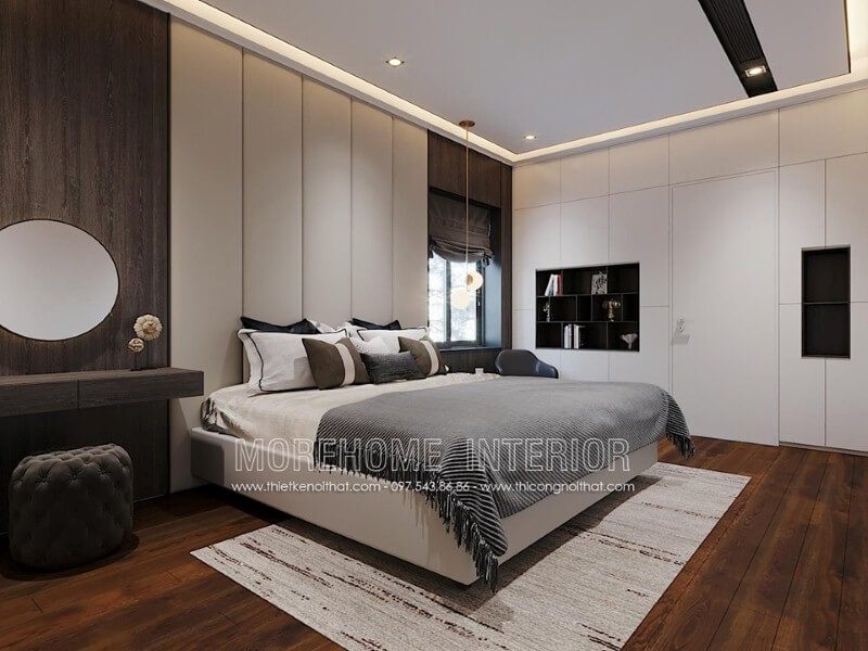 Phòng ngủ độc đáo với nội thất gỗ óc chó từ sàn, tấm ốp tường.