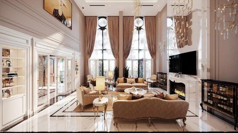 Bố trí nội thất phòng khách tân cổ điển đẹp, sang trọng tại Vinhomes Imperia Hải Phòng.
