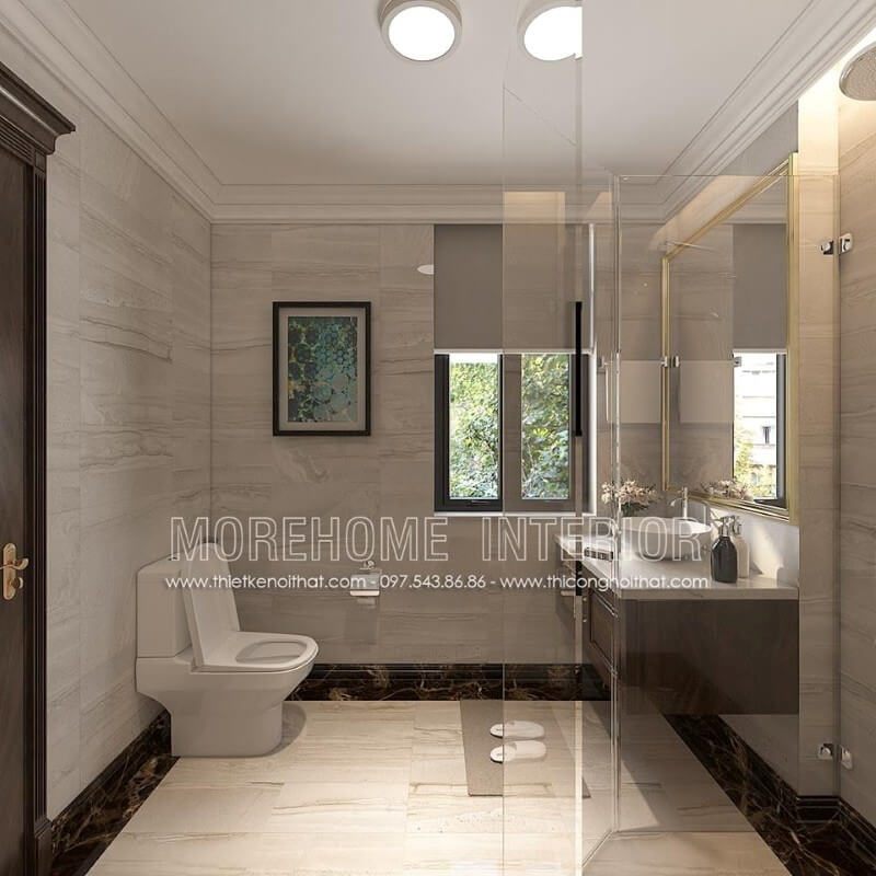 Nội thất phòng tắm được bố trí hợp lí, các loại thiết bị vệ sinh hiện đại, vách tắm kính, gương trang trí, đá nhân tạo... cũng được sử dụng tạo cho gia chủ mang lại sự sạch sẽ và sang trọng hơn