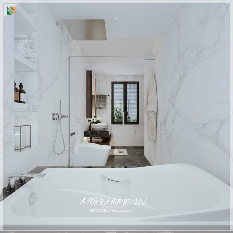 Phòng tắm nhỏ có bồn tắm hiện đại nội thất trang trí sắp xếp phù hợp với không gian diện tích đáp ứng mục đích sử dụng mang lại sự thoải mái tiện nghi cho người dùng.