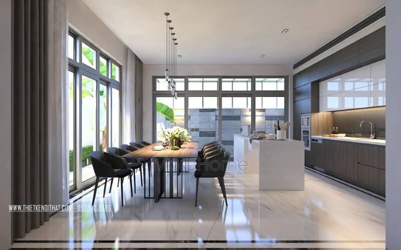 Bố trí nội thất phòng ăn hiện đại nhưng đẹp thông thoáng bởi ý tưởng tạo nên không gian mở từ hệ cửa kính rộng, lớn.