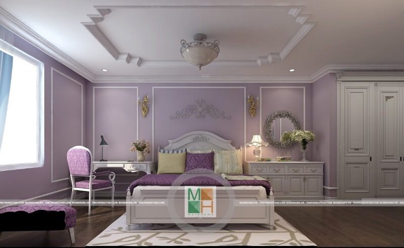 Mẫu thiết kế nội thất phòng ngủ chung cư với tông màu tím chủ đạo lôi cuốn mọi ánh nhìn.