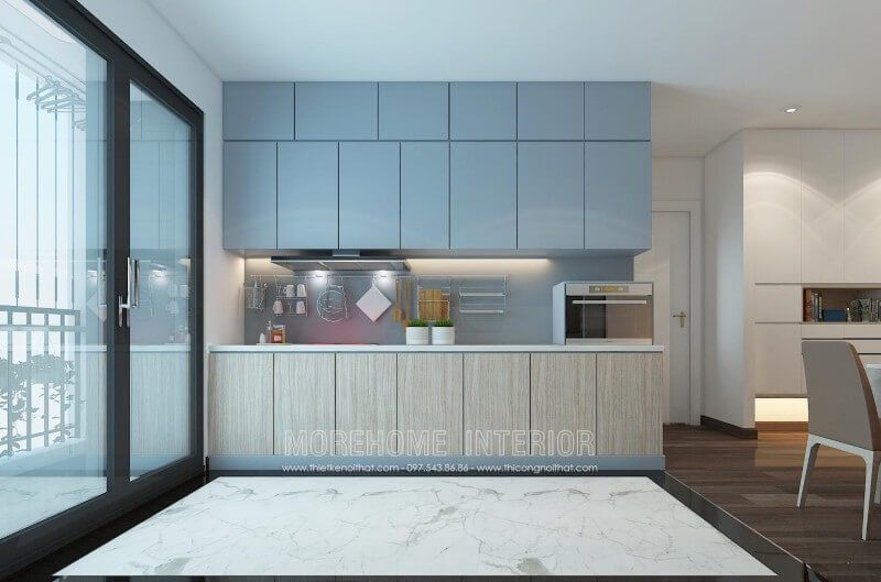 Tủ bếp hiện đại được bố trí hợp lí, các ngăn tủ được phân chia khoa học, bạn có thể dễ dàng phân loại và lưu trữ đồ dùng phòng bếp chung cư tiện nghi hơn