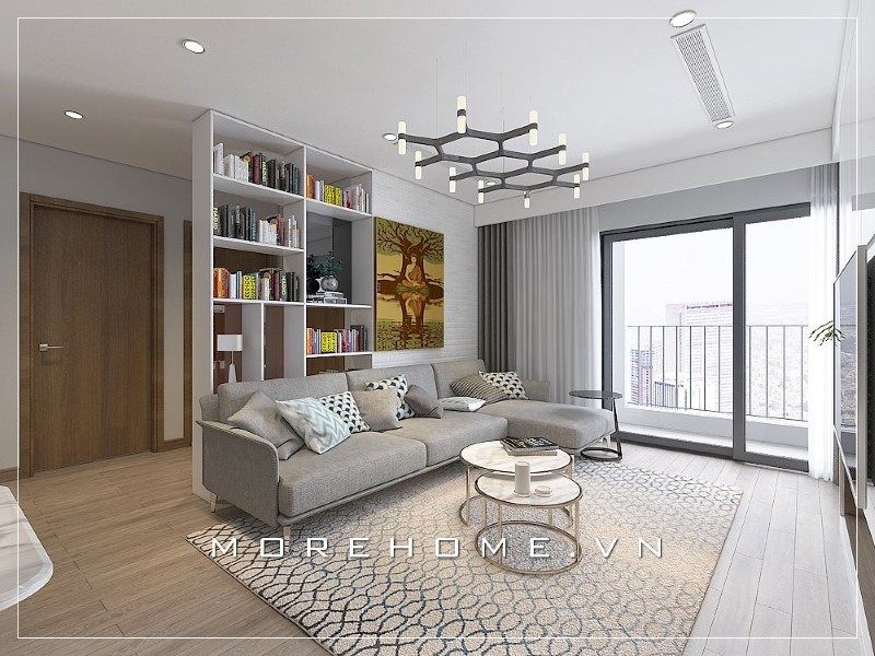 Bộ sofa màu xám được bố trí sắp xếp hài hòa mang đến sự tinh tế và sang trọng khi bước chân vào căn phòng.