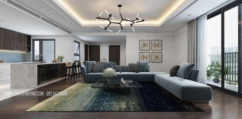 Không gian phòng khách rộng rãi, thoáng đãng và gọn gàng với diện tích căn hộ lớn và sự bố trí đồ nội thất hài hòa của KTS.