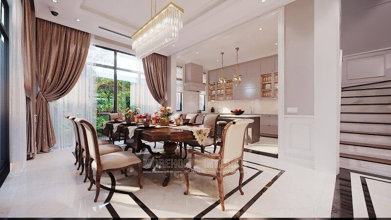 Nội thất phòng ăn tại biệt thự Ciputra Tây Hồ Hà Nội được thiết kế theo phong cách tân cổ điển sang trọng cao cấp.